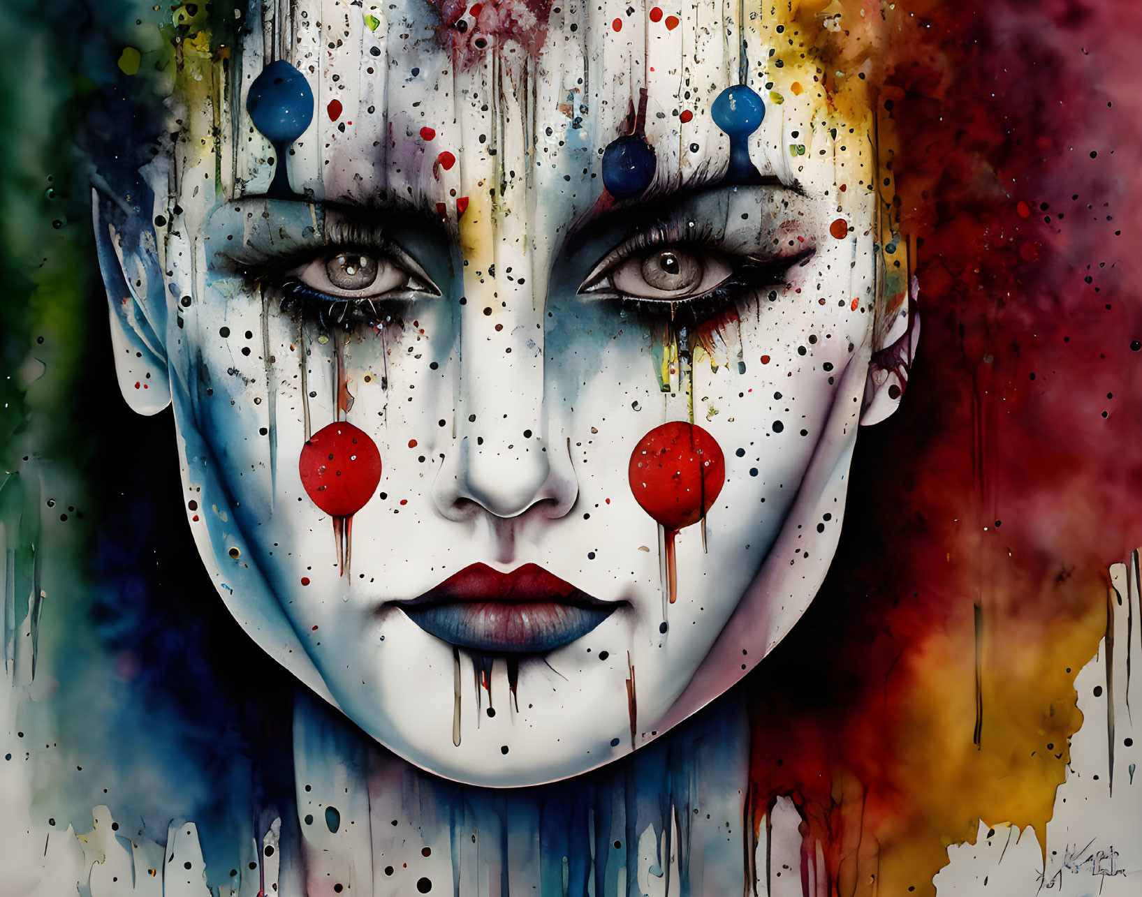 Vivid face portrait with dripping paint effects in red, blue, and yellow