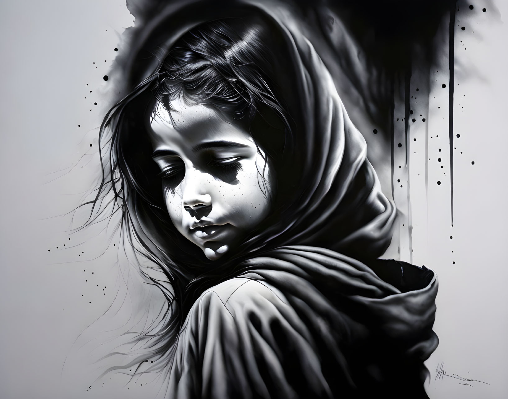 Monochromatic artwork featuring a contemplative young girl in a hooded cloak