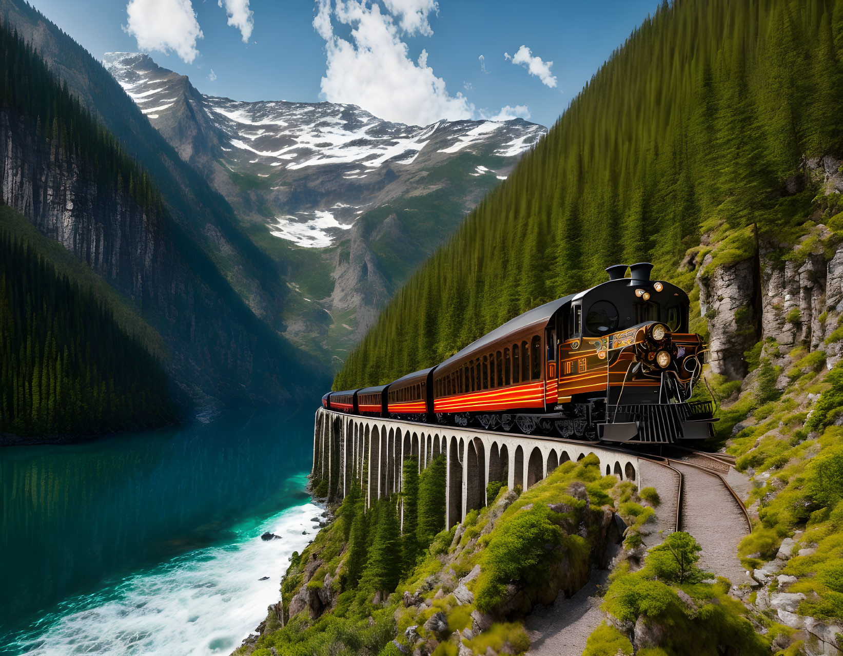 Vintage Train Crossing Stone Bridge in Mountain Landscape