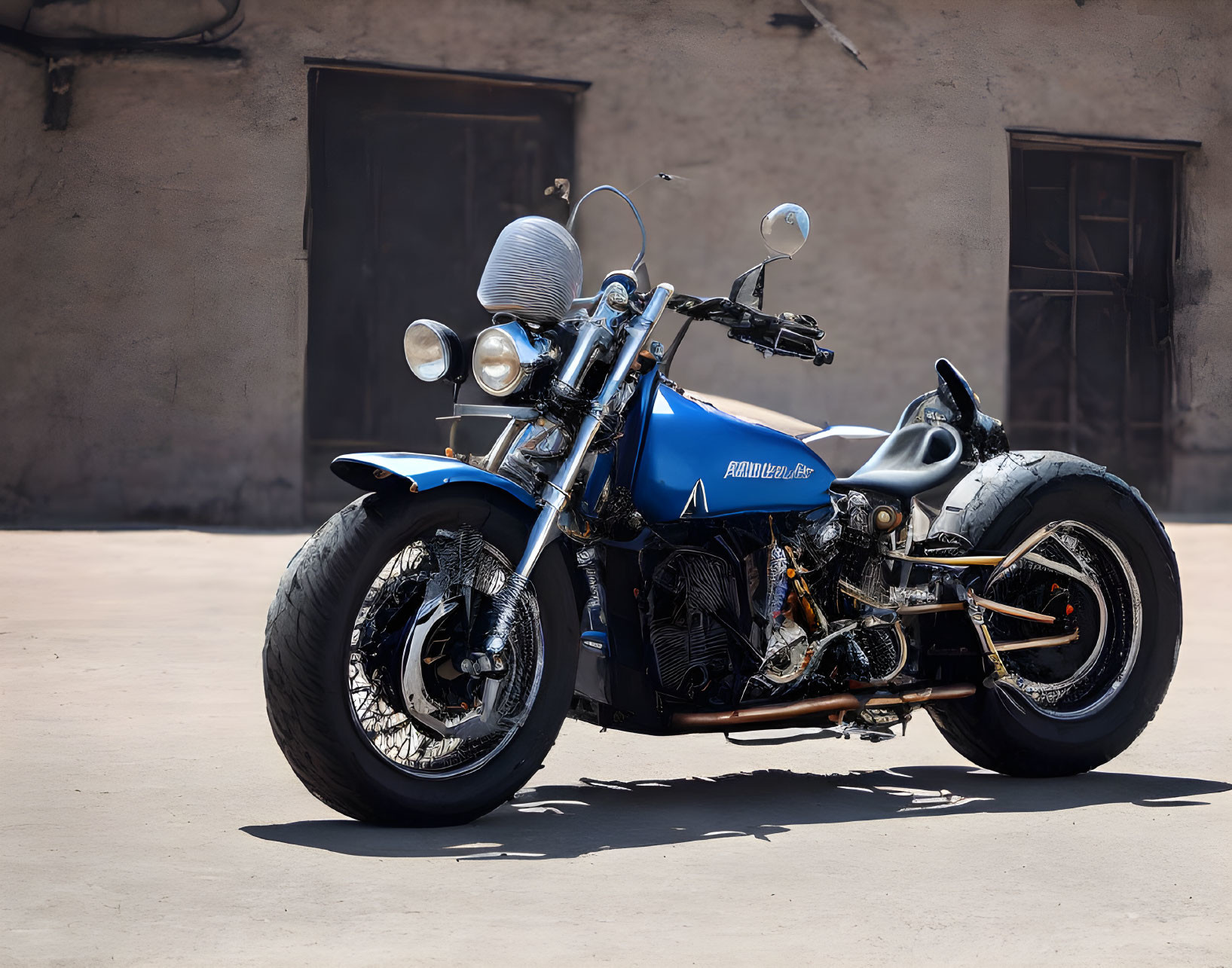 Blue Custom Motorcycle with Sidecar and Retro Design on Concrete Surface