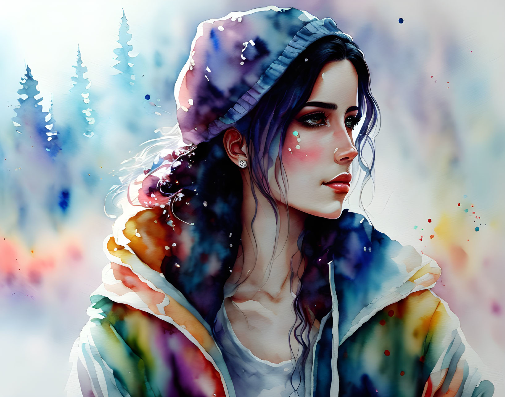 Digital watercolor portrait of woman in beanie and colorful jacket, with pine trees.