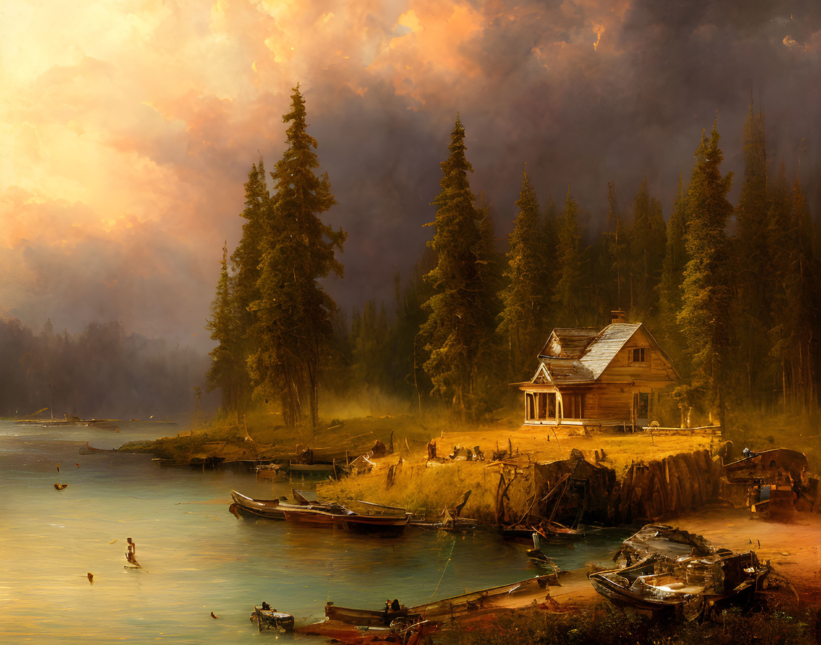 Rustic log cabin by serene lake with boats, pine trees, dramatic sunset sky