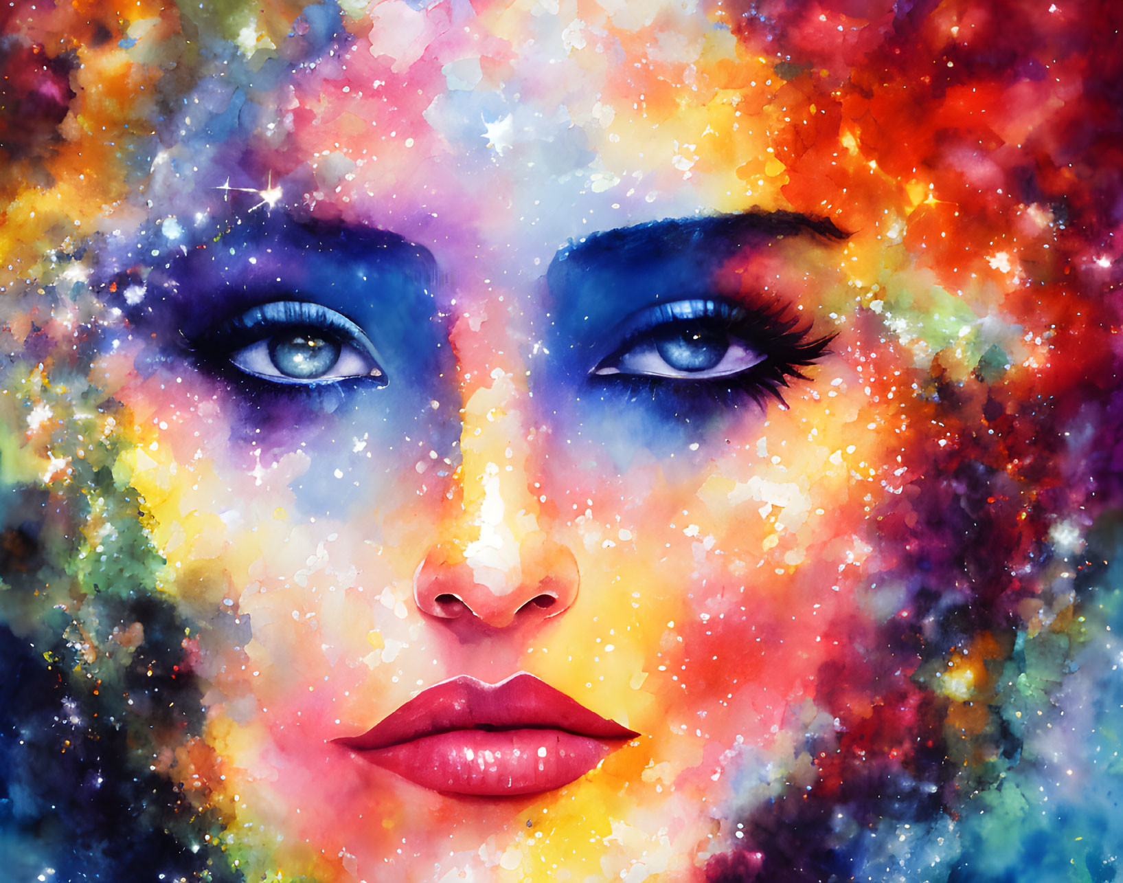 Colorful cosmic portrait of a woman with star-filled features