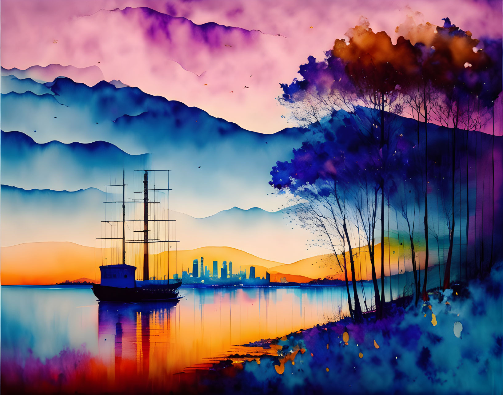 Tranquil lake scene at sunset with trees, ship, and city skyline