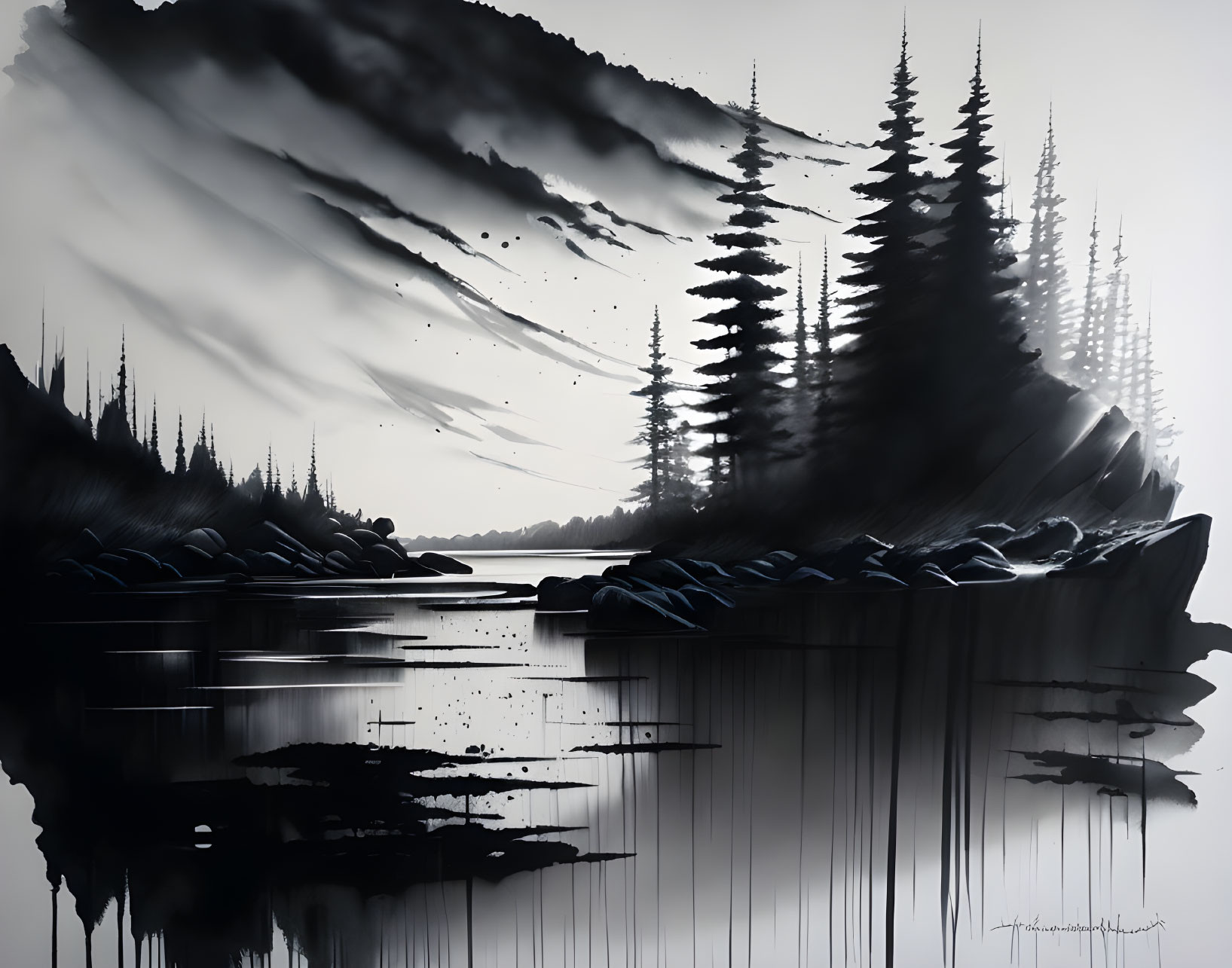 Serene monochrome landscape: lake, pine trees, misty mountains