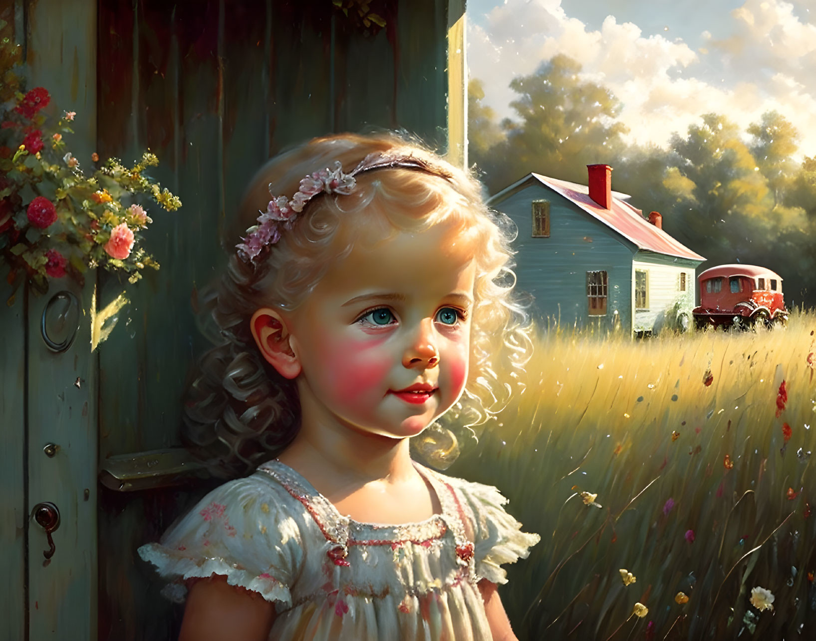 Curly-haired girl with floral headband by wooden door in sunlit field