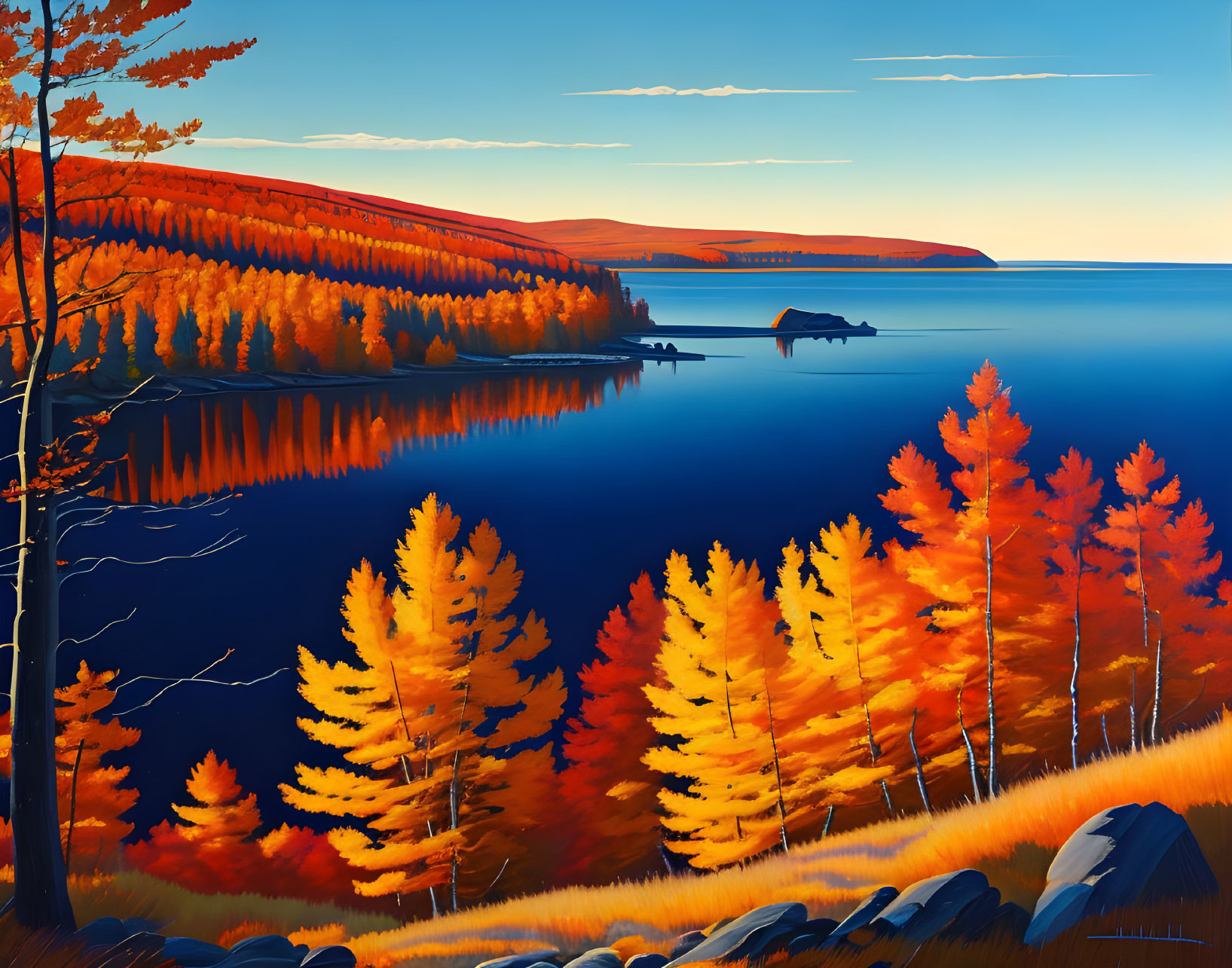 Tranquil autumn lake scene with colorful trees and tent