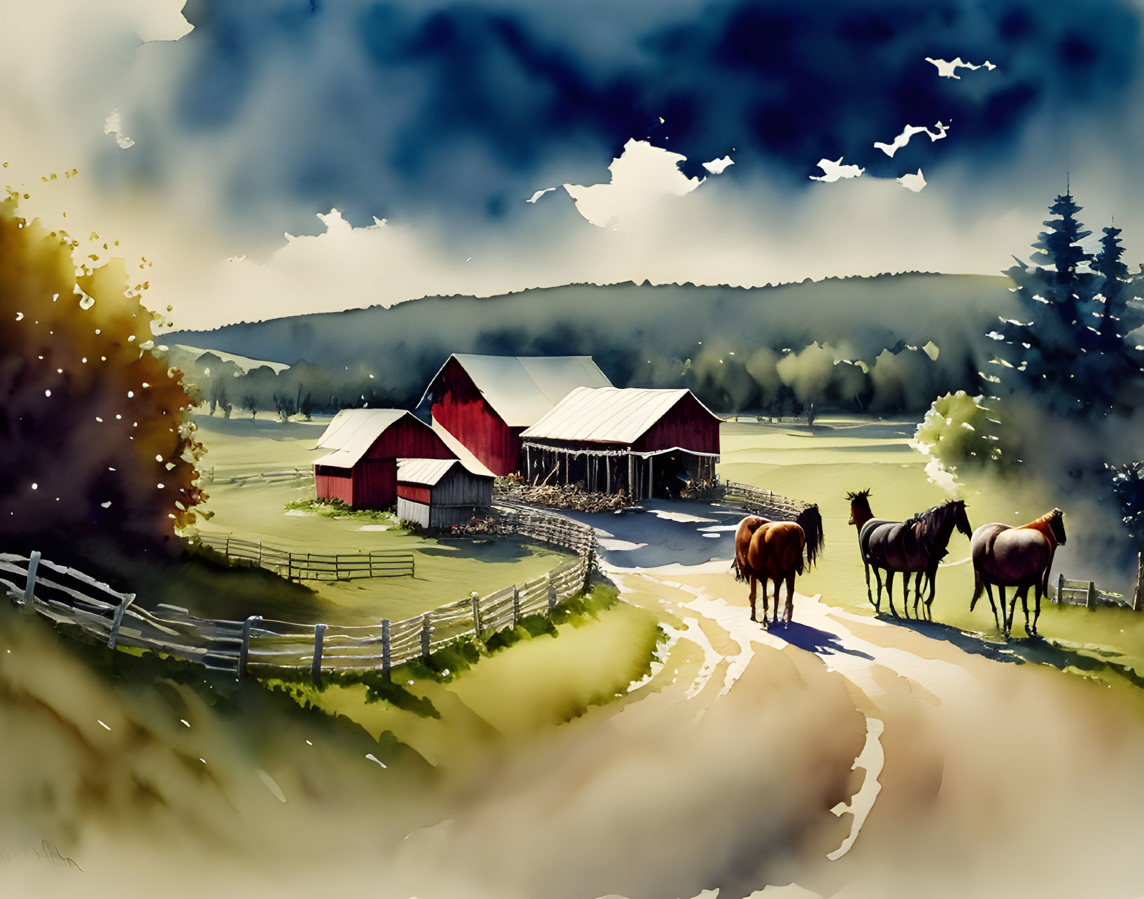 Rural landscape with red barns, horses, dirt road, green fields, hills, and pine