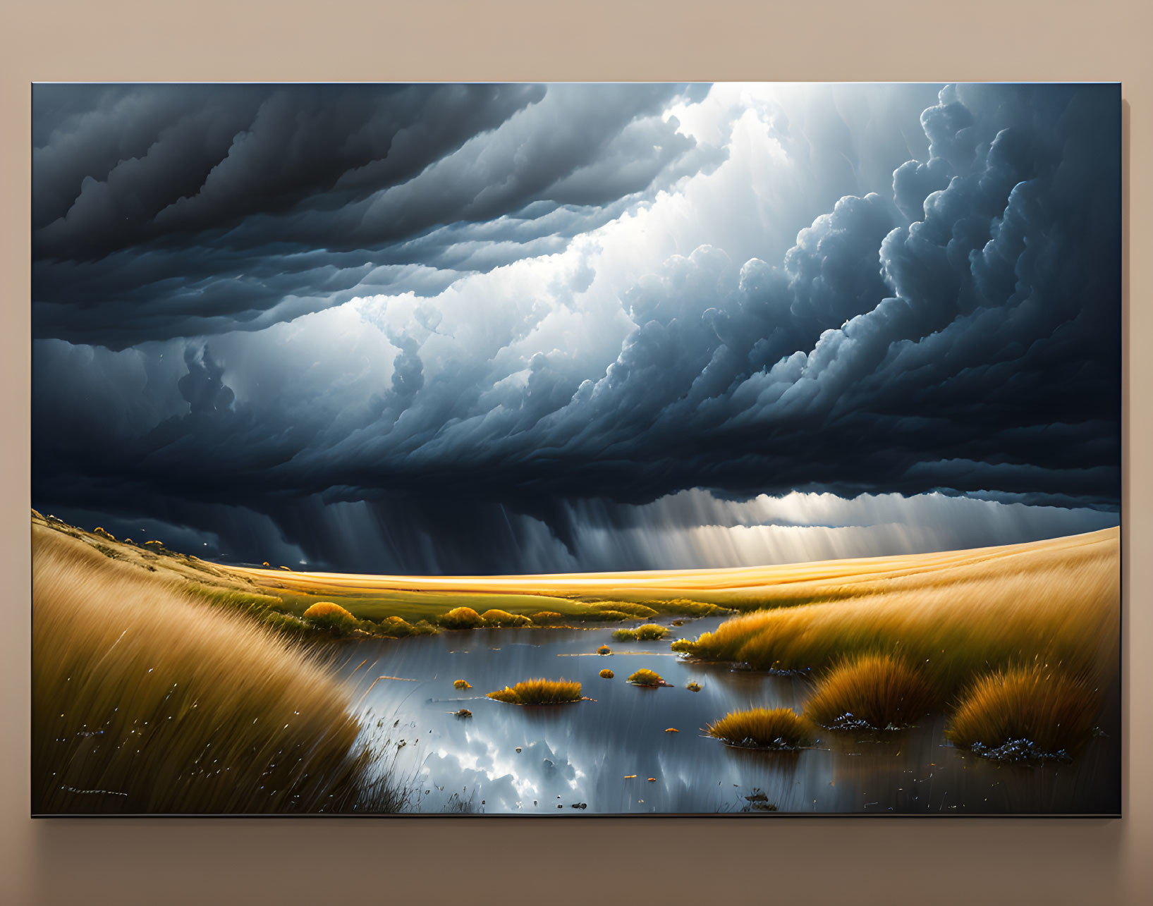 Stormy Sky Over Calm Field with Golden Grasses and Ponds