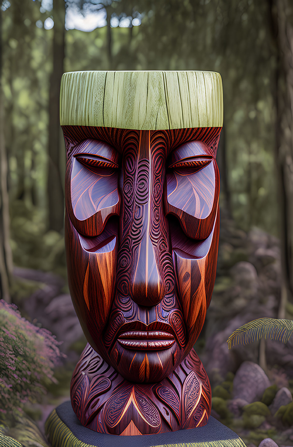 Intricately carved wooden tiki statue against forest backdrop