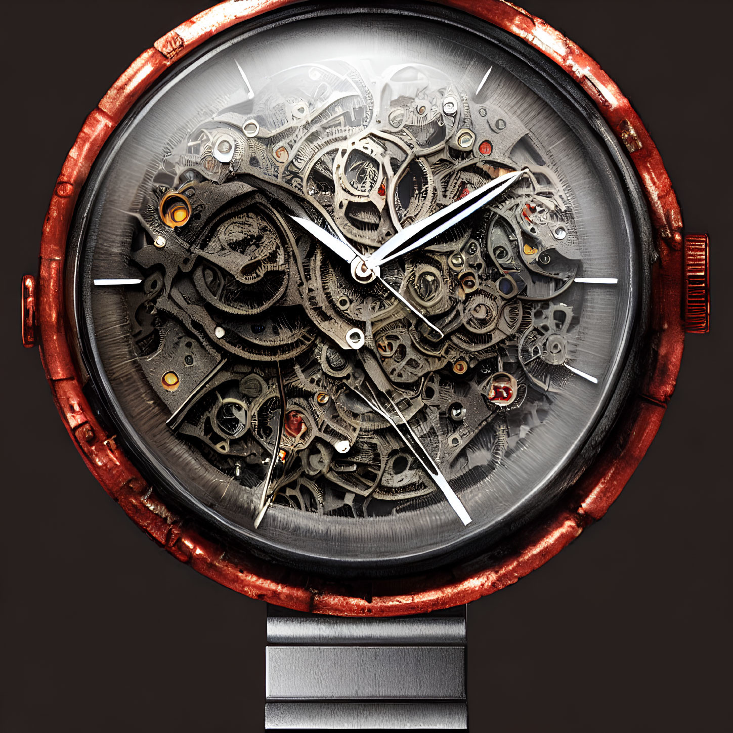 Luxury Skeleton Watch with Exposed Gears and Red Bezel