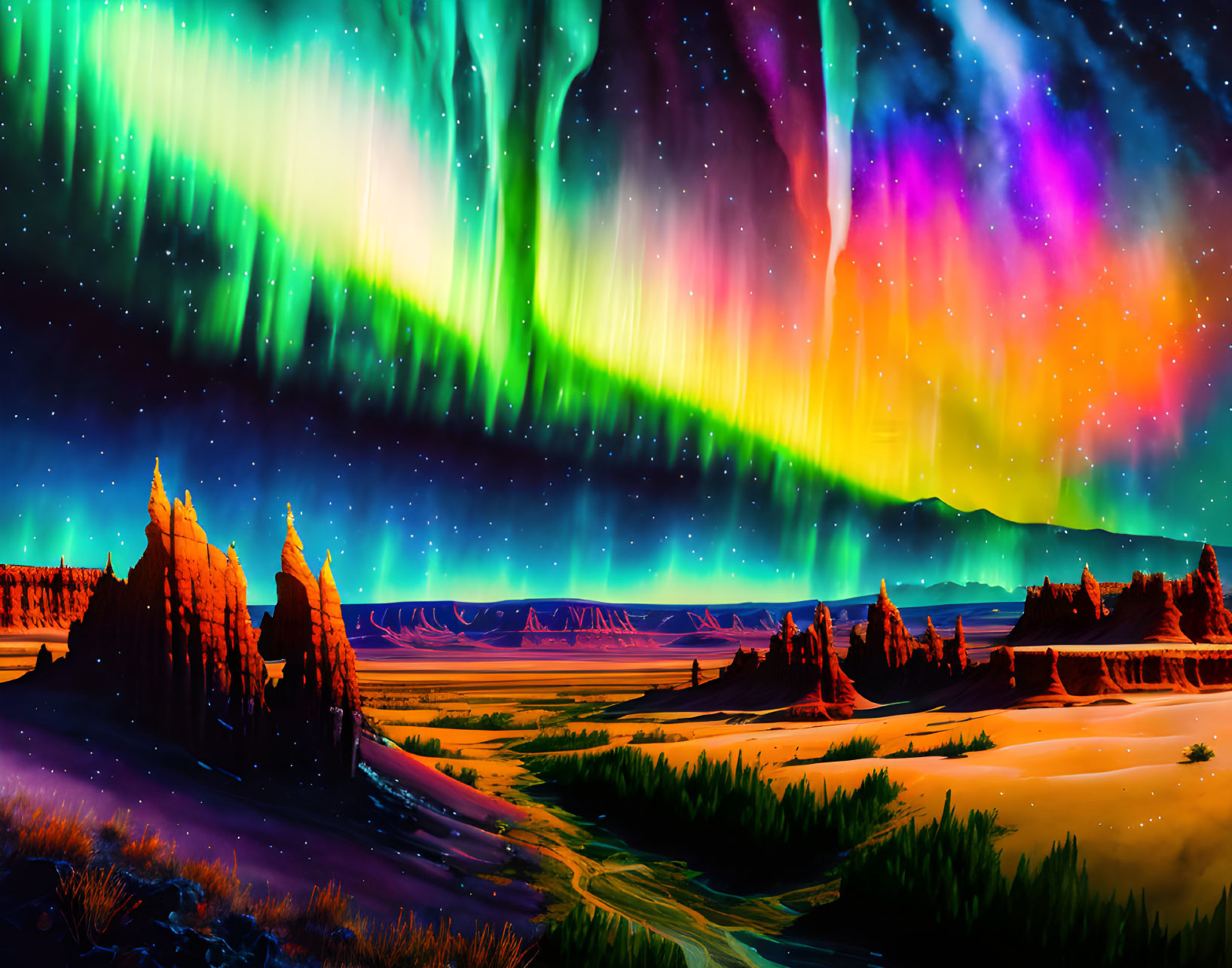 Colorful Aurora Borealis Illuminating Rocky Night Landscape