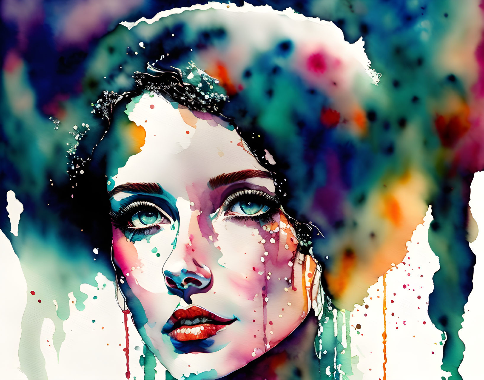 Colorful Watercolor Portrait of Woman with Paint Splashes