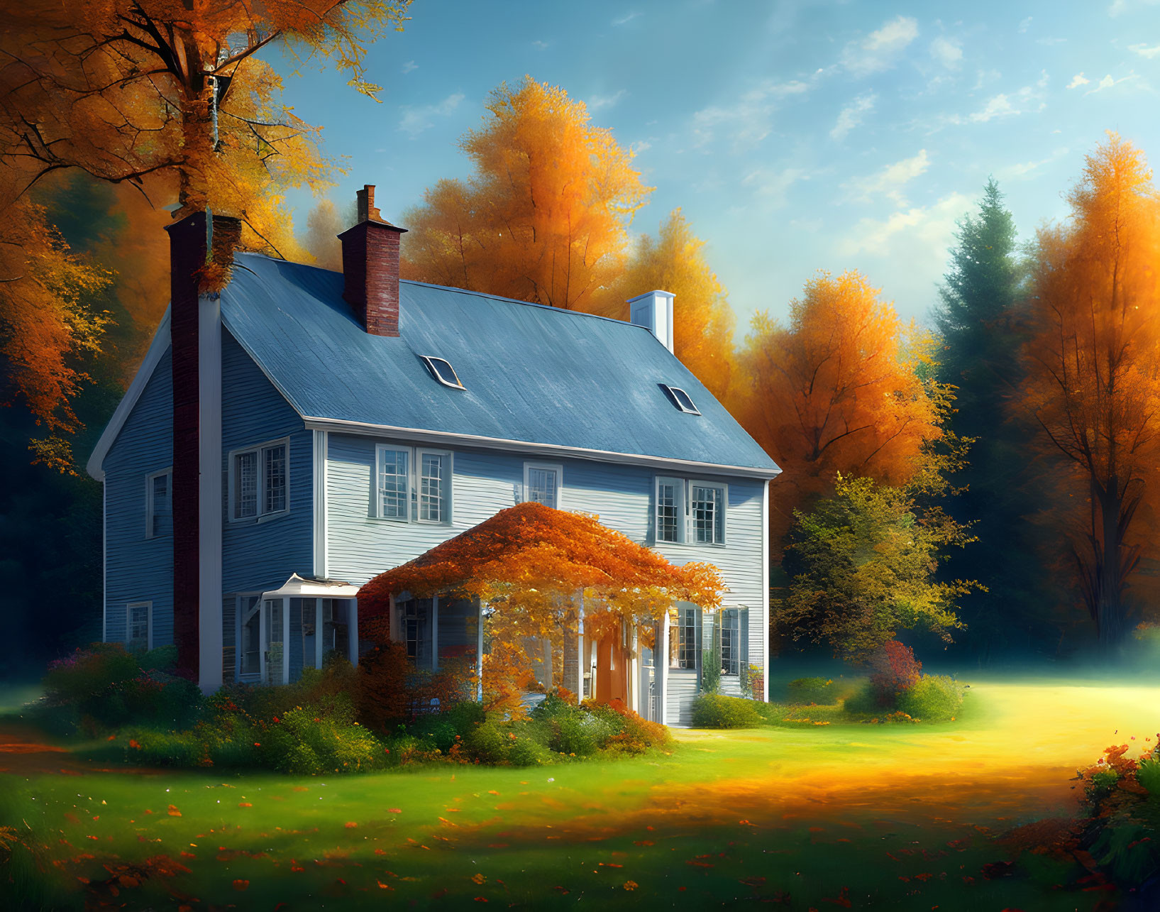 Tranquil autumn landscape with blue house and golden trees