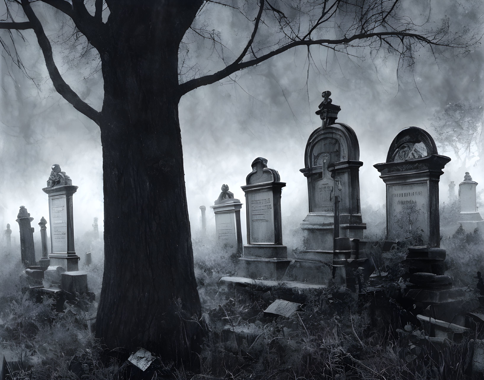 Monochromatic misty graveyard with elaborate tombstones and leafless tree