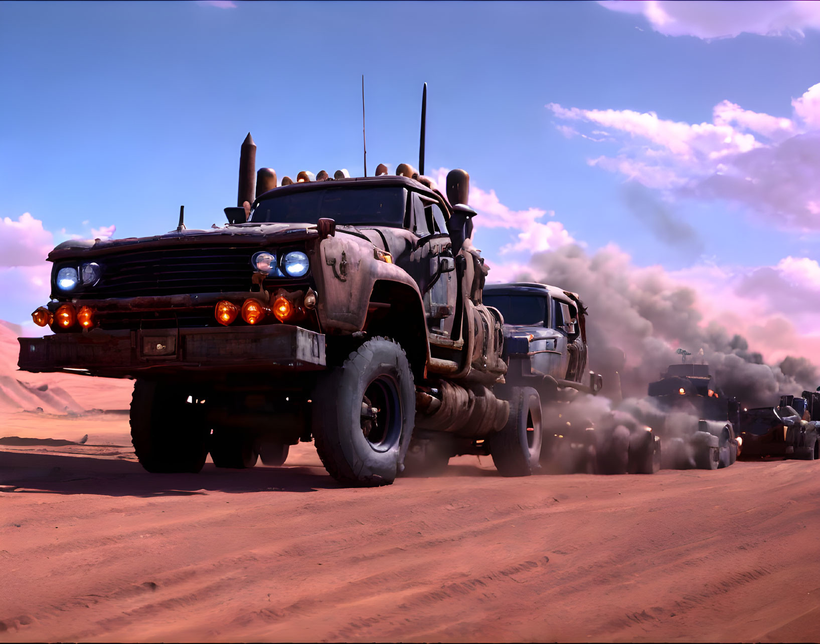 Modified truck with large tires leading convoy in barren landscape under pinkish sky