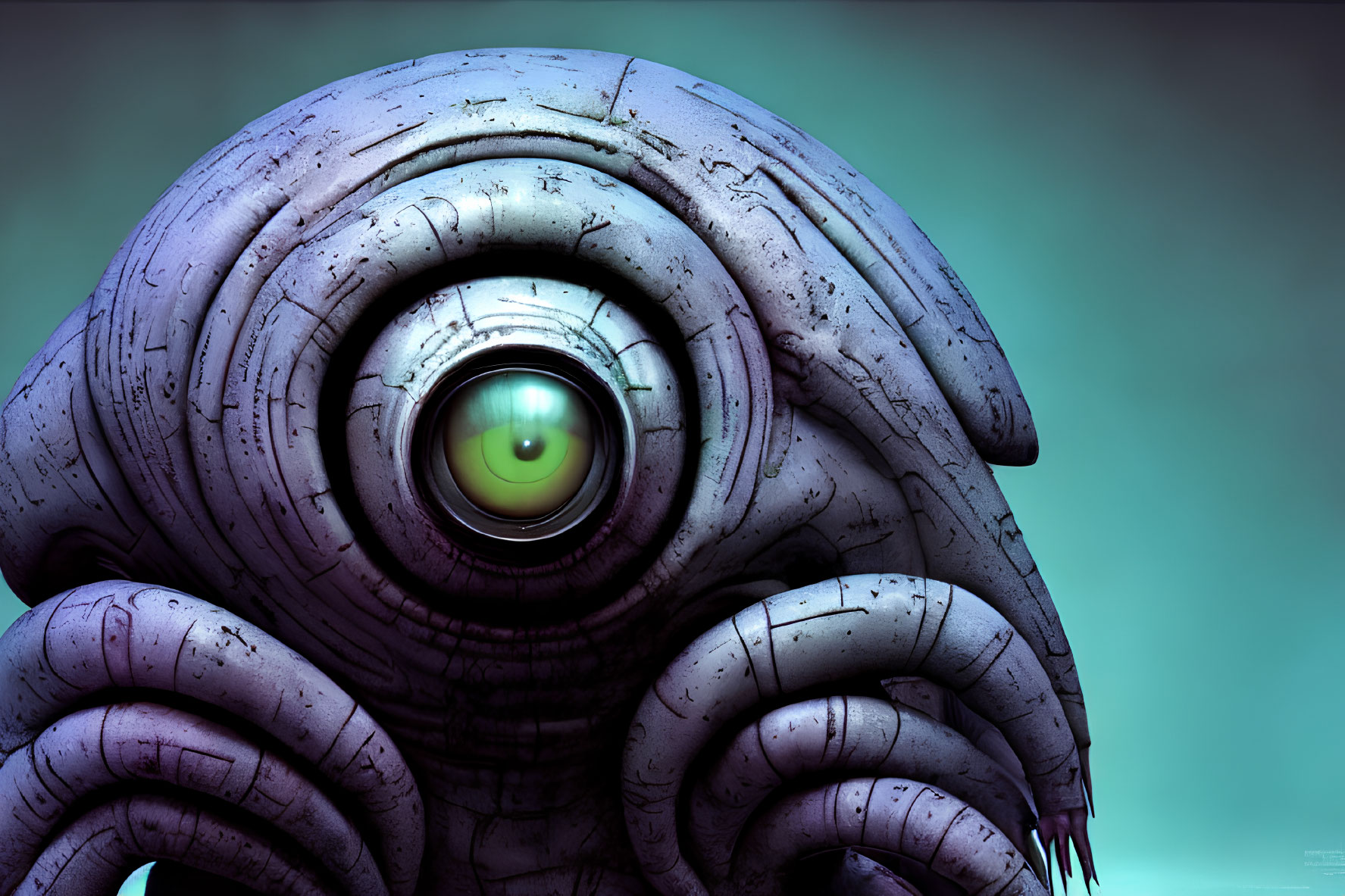 Purple tentacled creature with large green eye on teal background