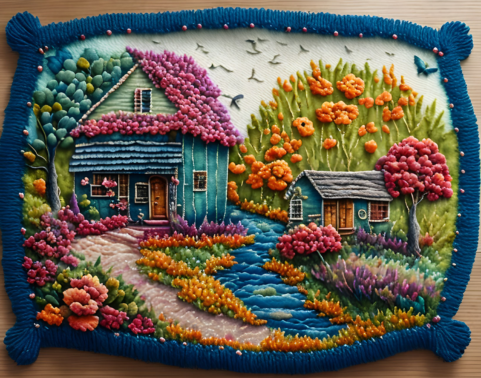 Vibrant embroidered house with floral details and knotted frame