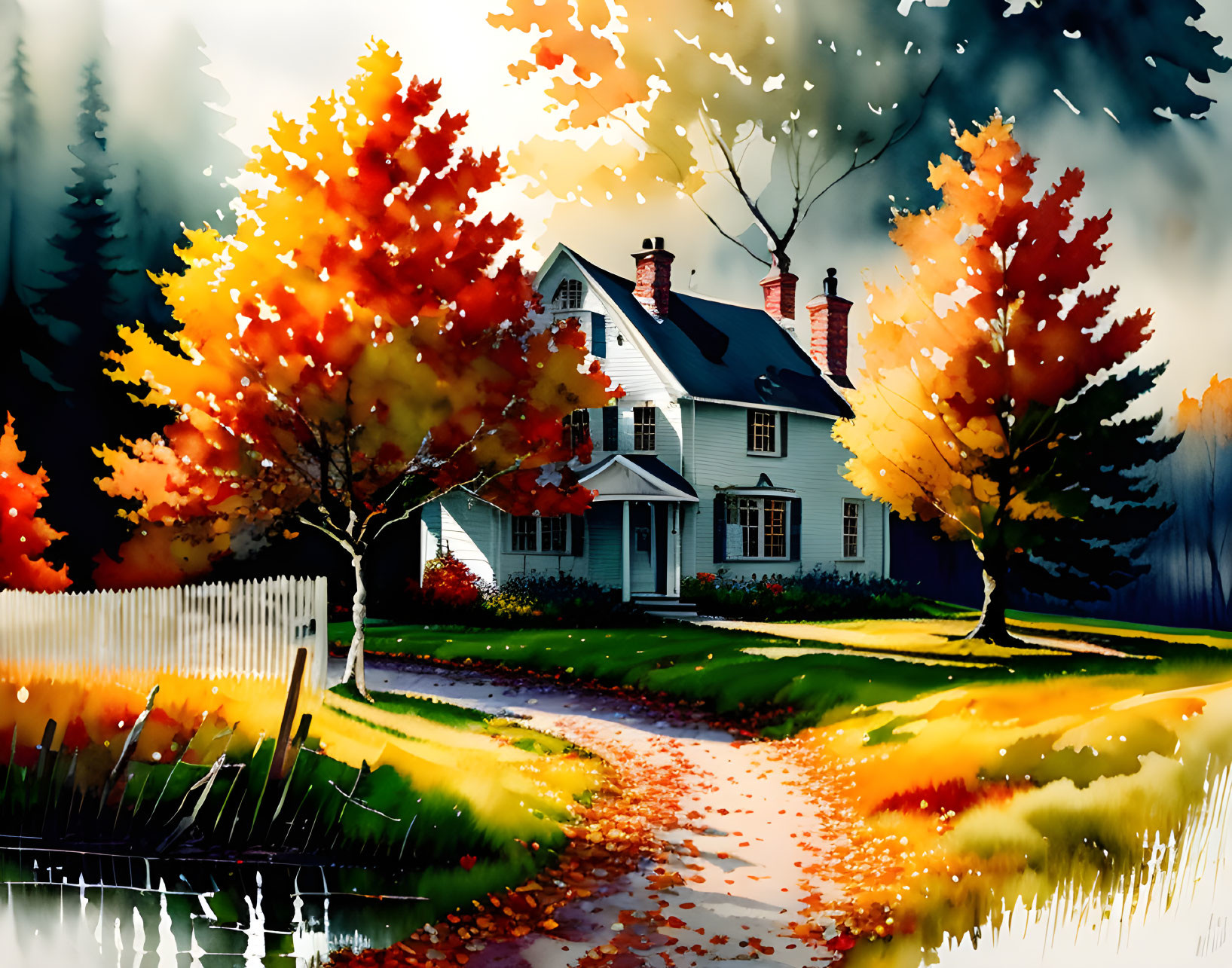 White house with red chimneys in autumn setting with picket fence and winding path.