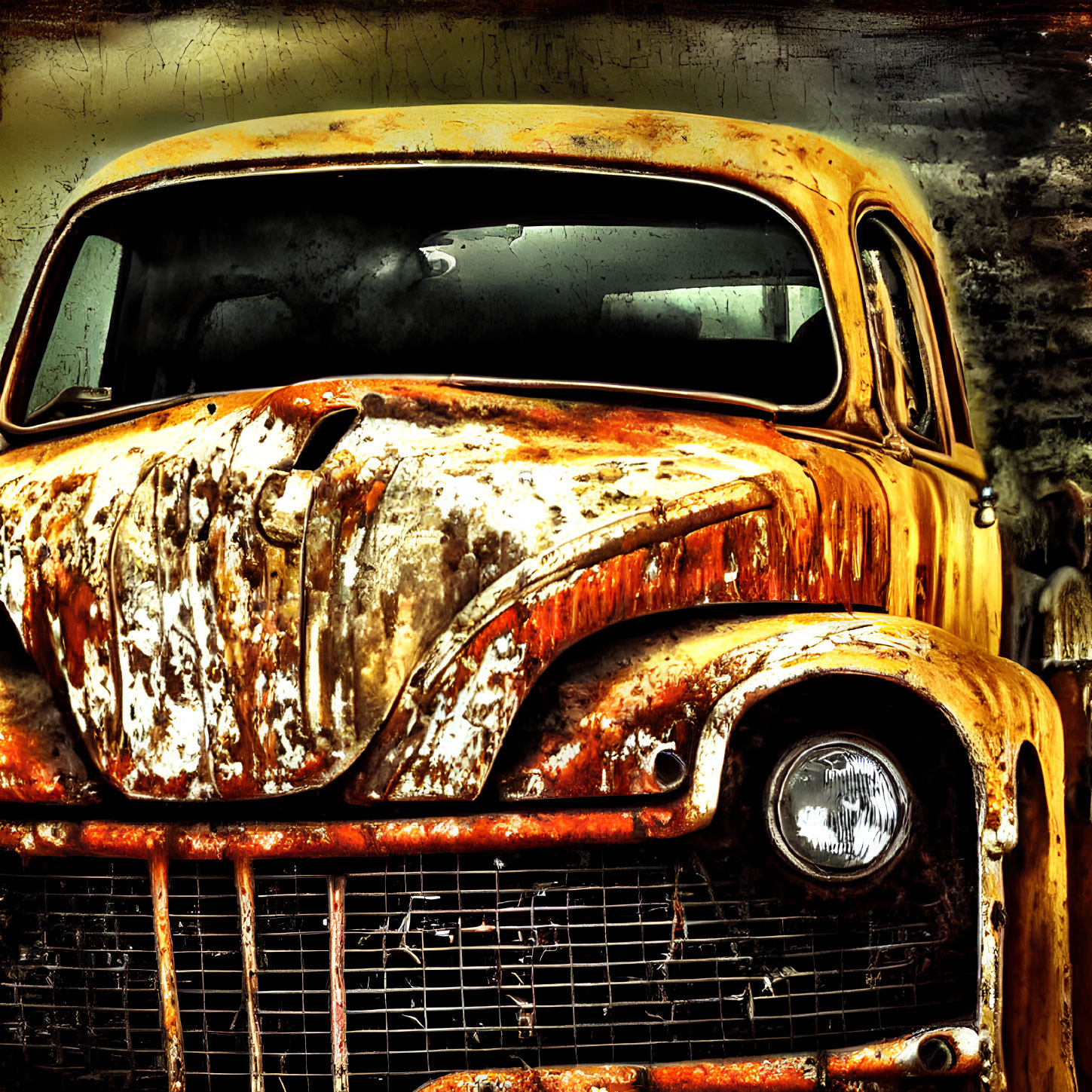 Vintage rusty car with yellowish-brown body and round headlight