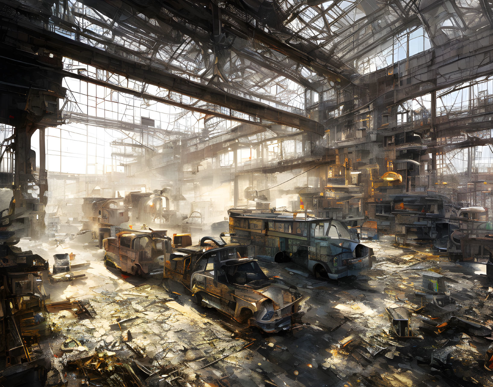 Abandoned factory with sunlight, debris, and vehicles