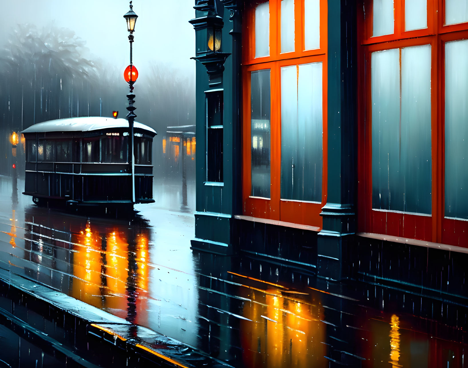 Vintage Tram in Rainy Evening with Street Lamp Reflections