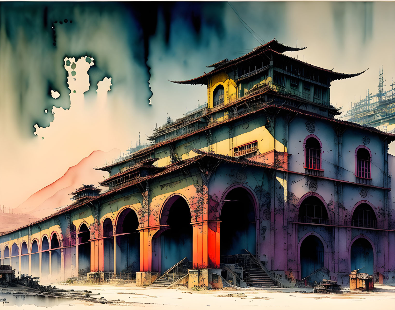 Vibrant digital artwork: Ancient Asian palace with abstract sky