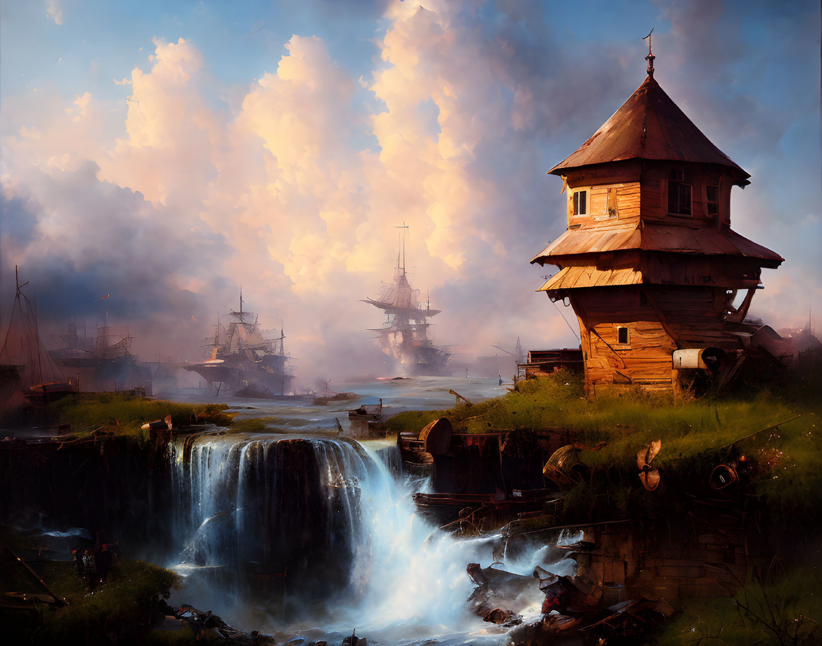 Harbor scene with tall ships, waterfall, and wooden tower on sunny day