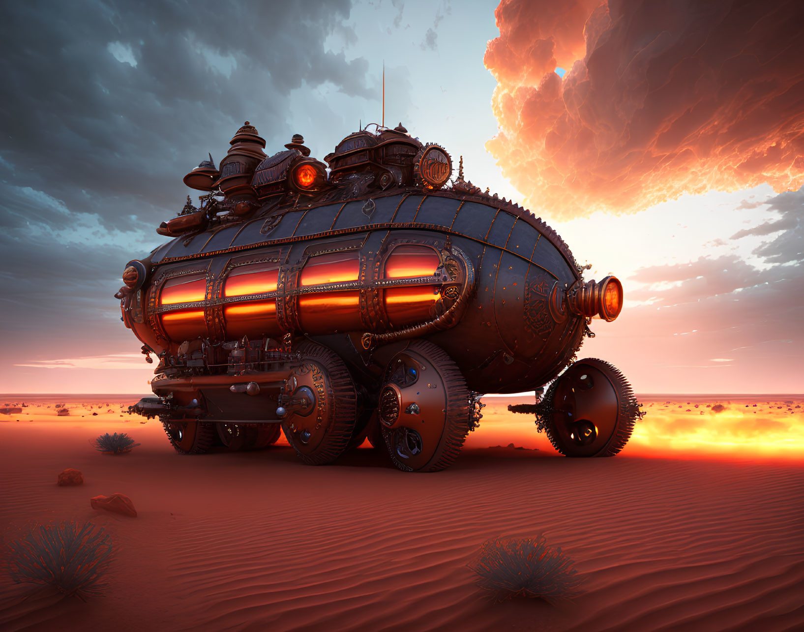 Futuristic vehicle with glowing orange tubes in desert landscape