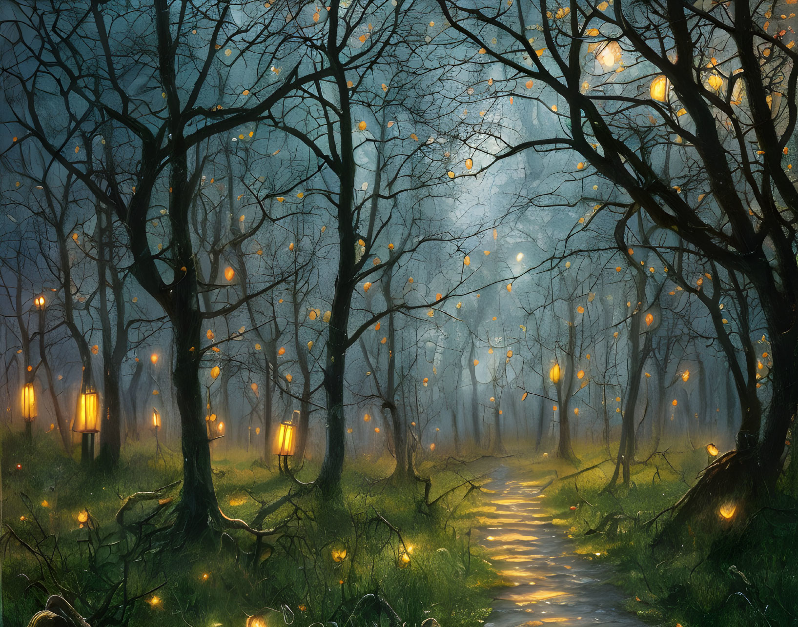 Glowing lanterns and fireflies in enchanted forest pathway