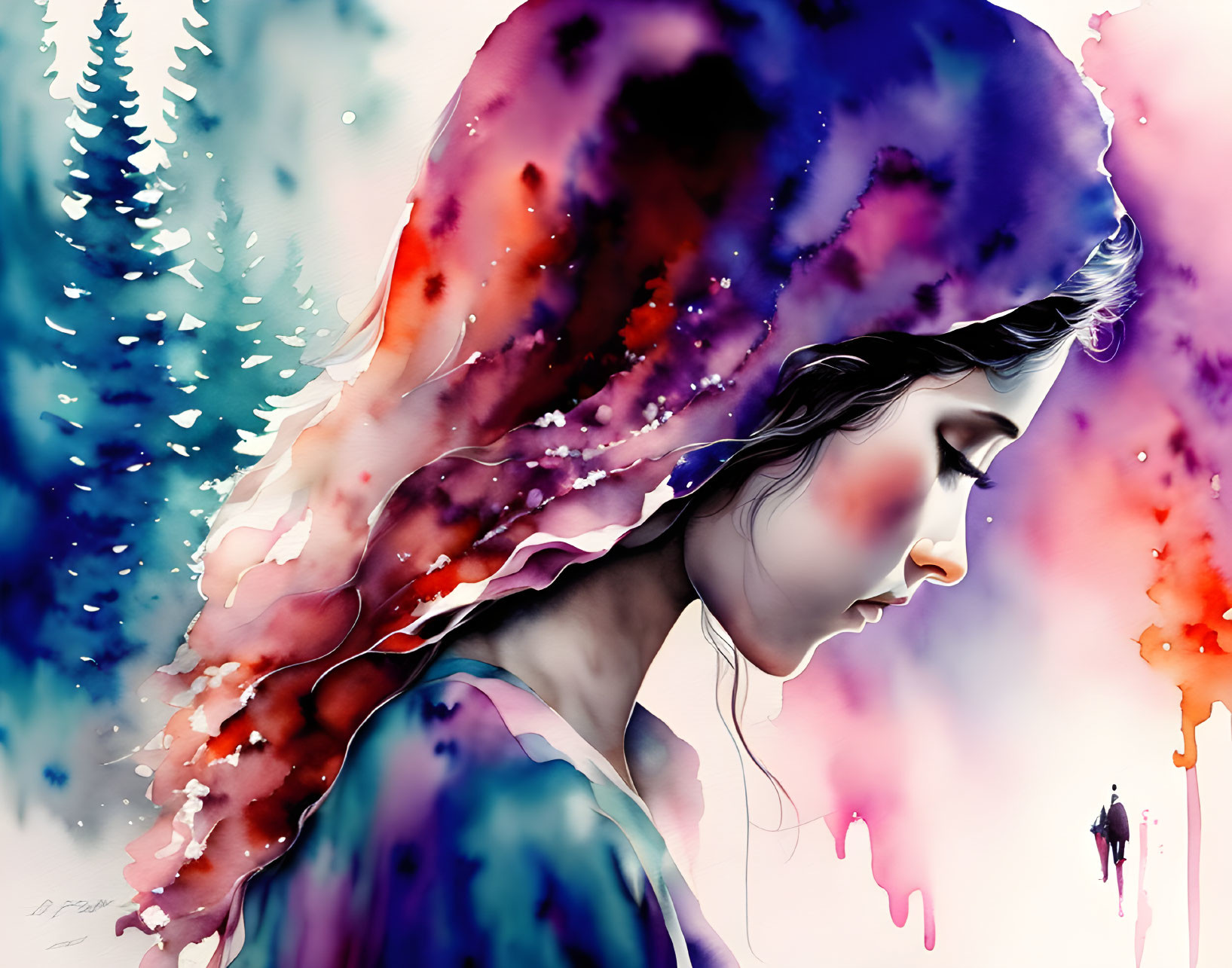 Vibrant watercolor illustration of woman with flowing hair in cosmic backdrop