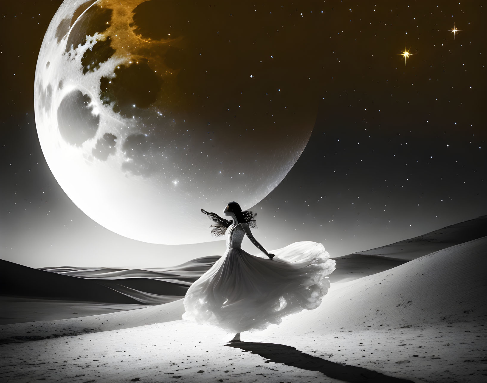 Woman dancing in flowing dress under desert moon and stars