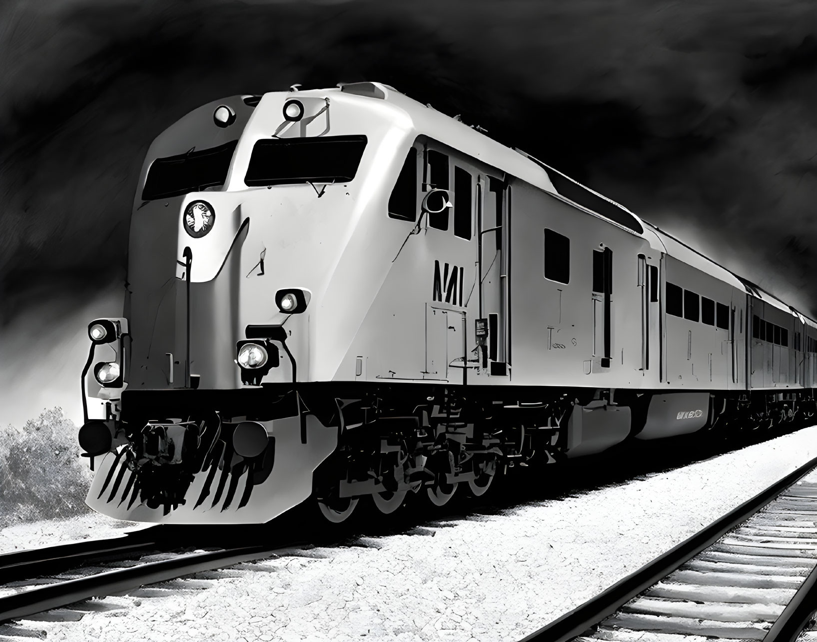 Monochrome locomotive on tracks under dramatic sky