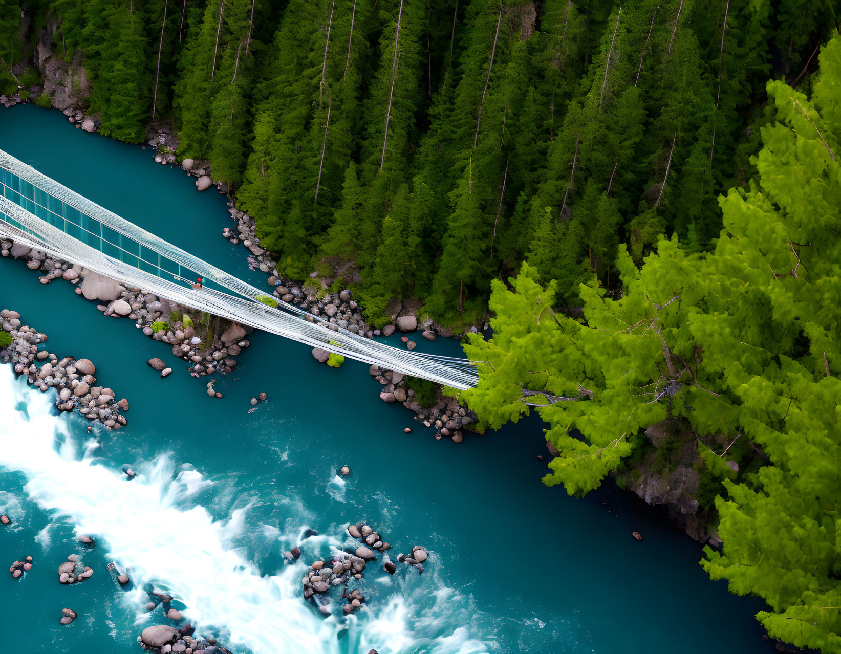 Suspension bridge over turquoise river with green trees.