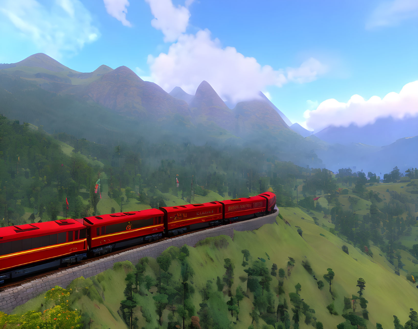 Scenic red train in lush valley with misty mountains