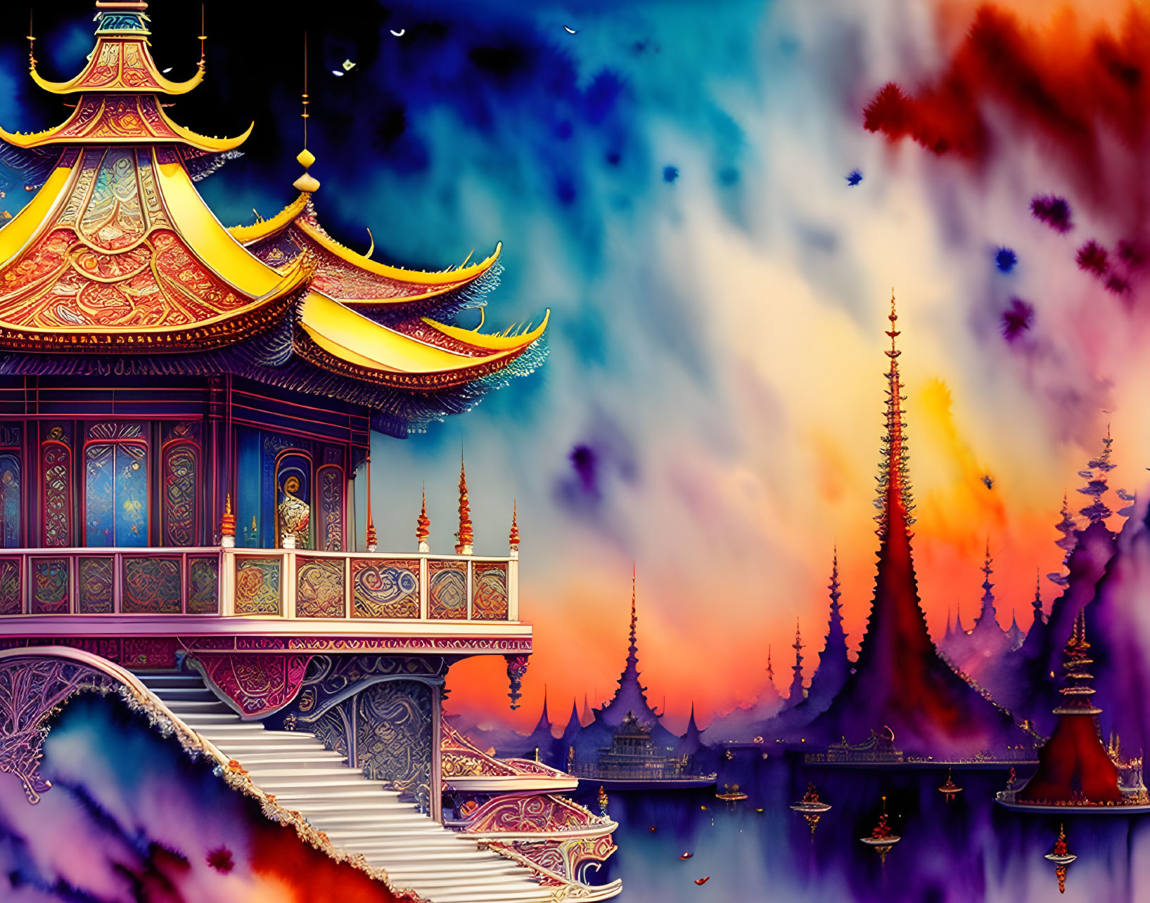 Colorful Asian-style architecture illustration under vibrant sky