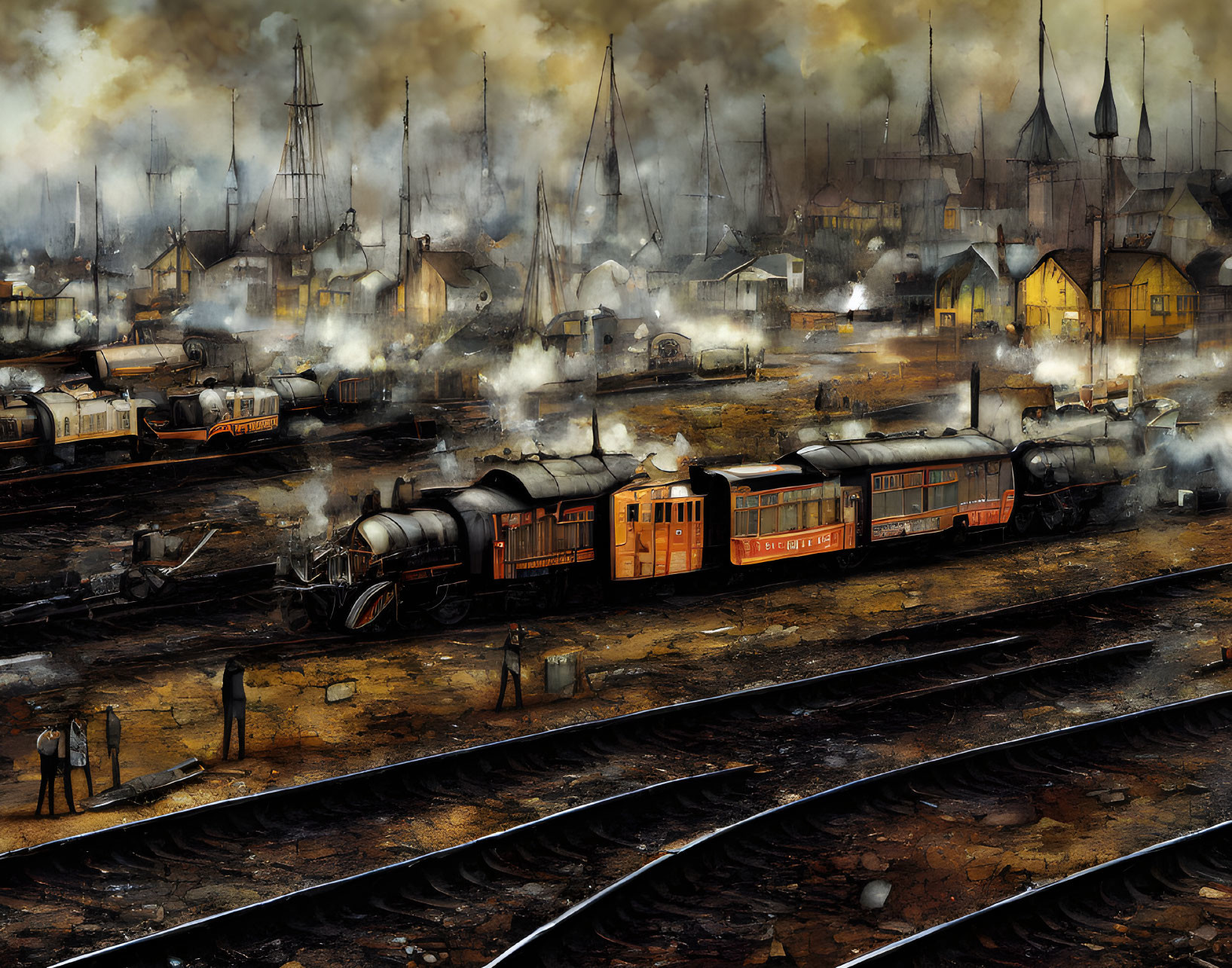 Industrial-era train yard with steam locomotives and workers amid train tracks