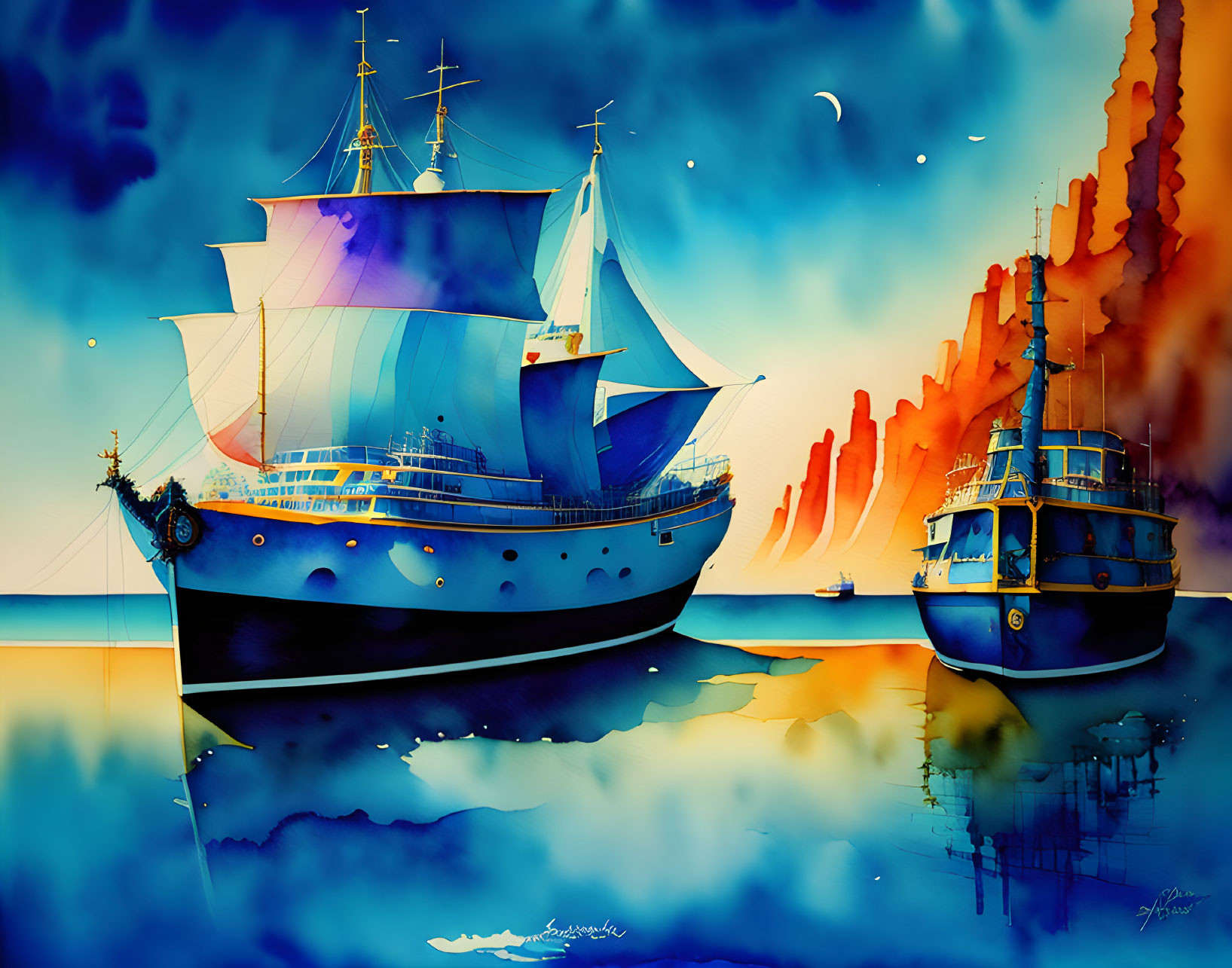 Colorful digital artwork featuring sailing ships on calm water with orange and blue hues and towering rock formations.