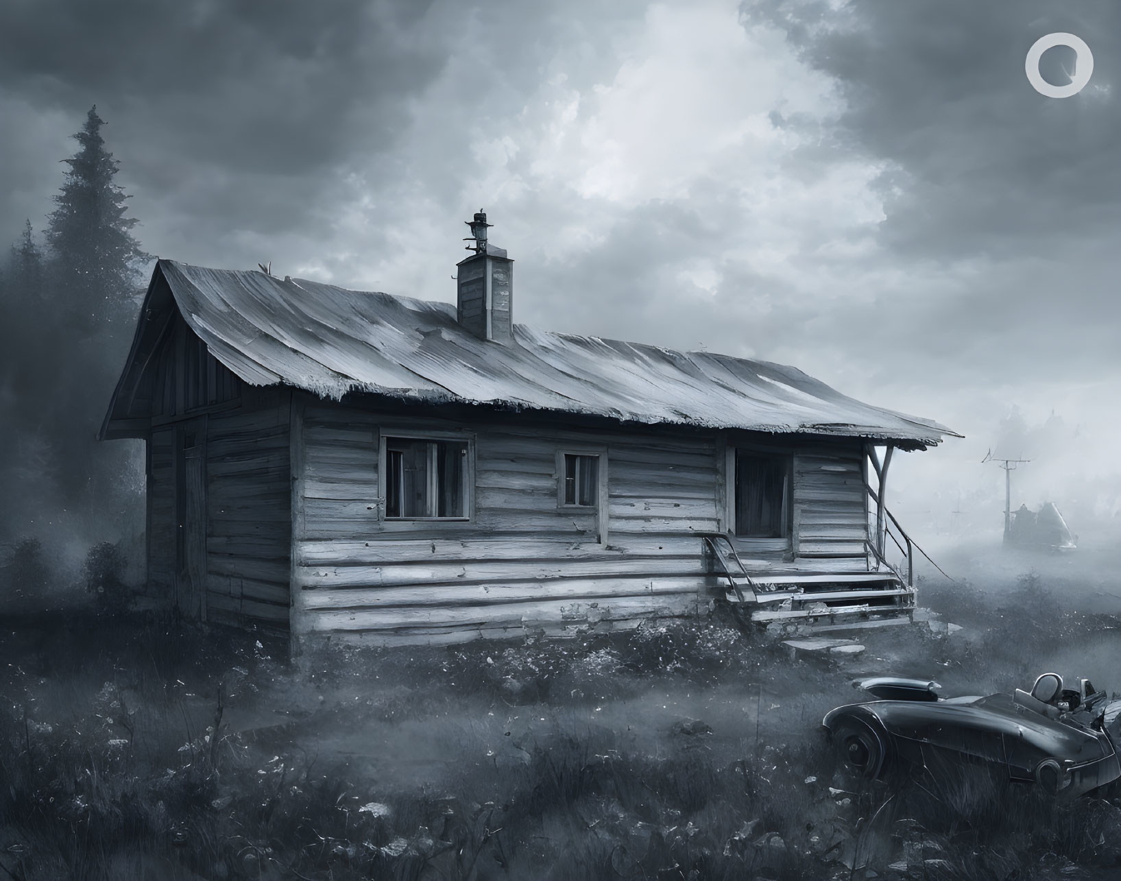 Abandoned wooden cabin and vintage car in misty field