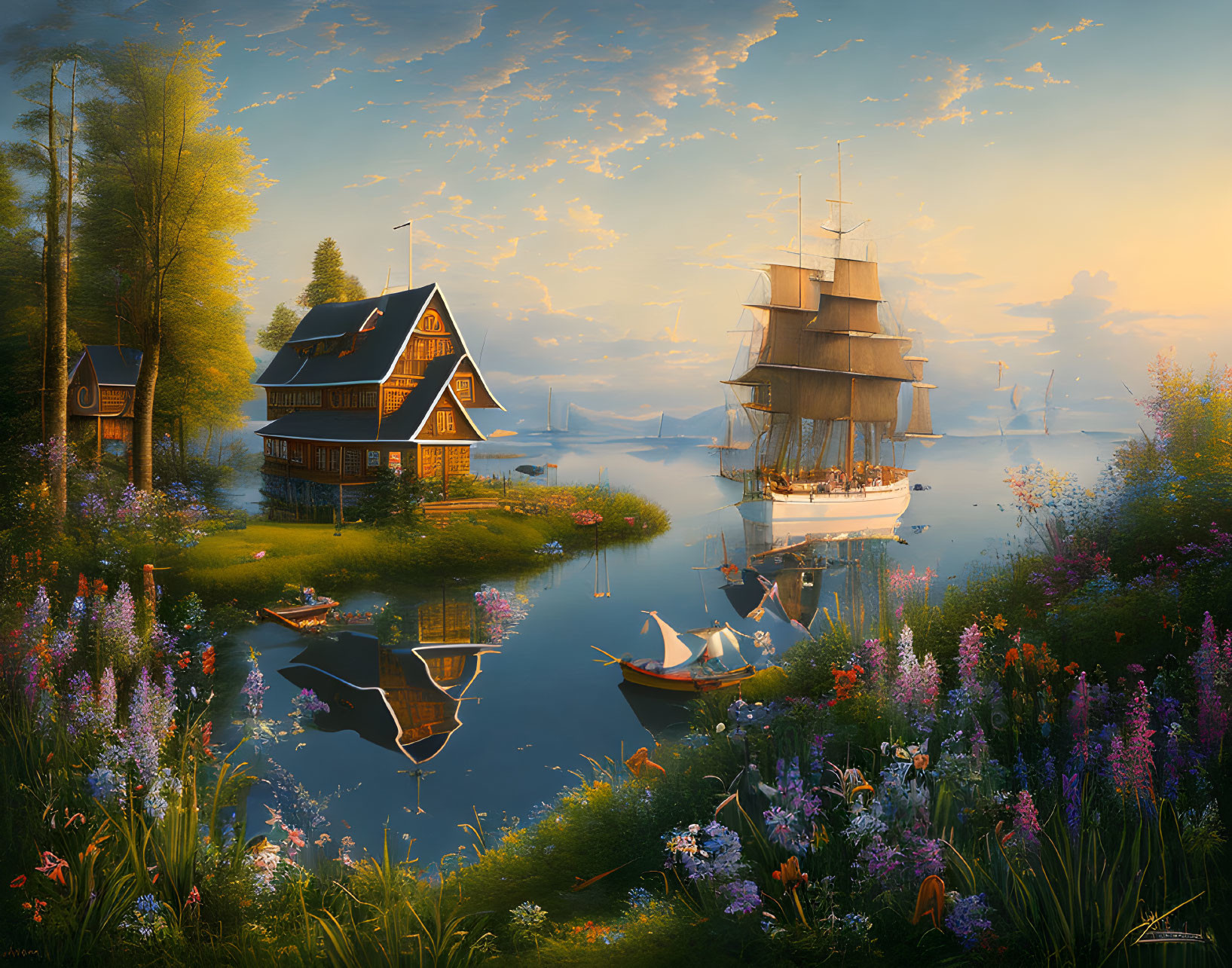 Tranquil lakeside landscape with sailboat, house, and flowers at sunset.