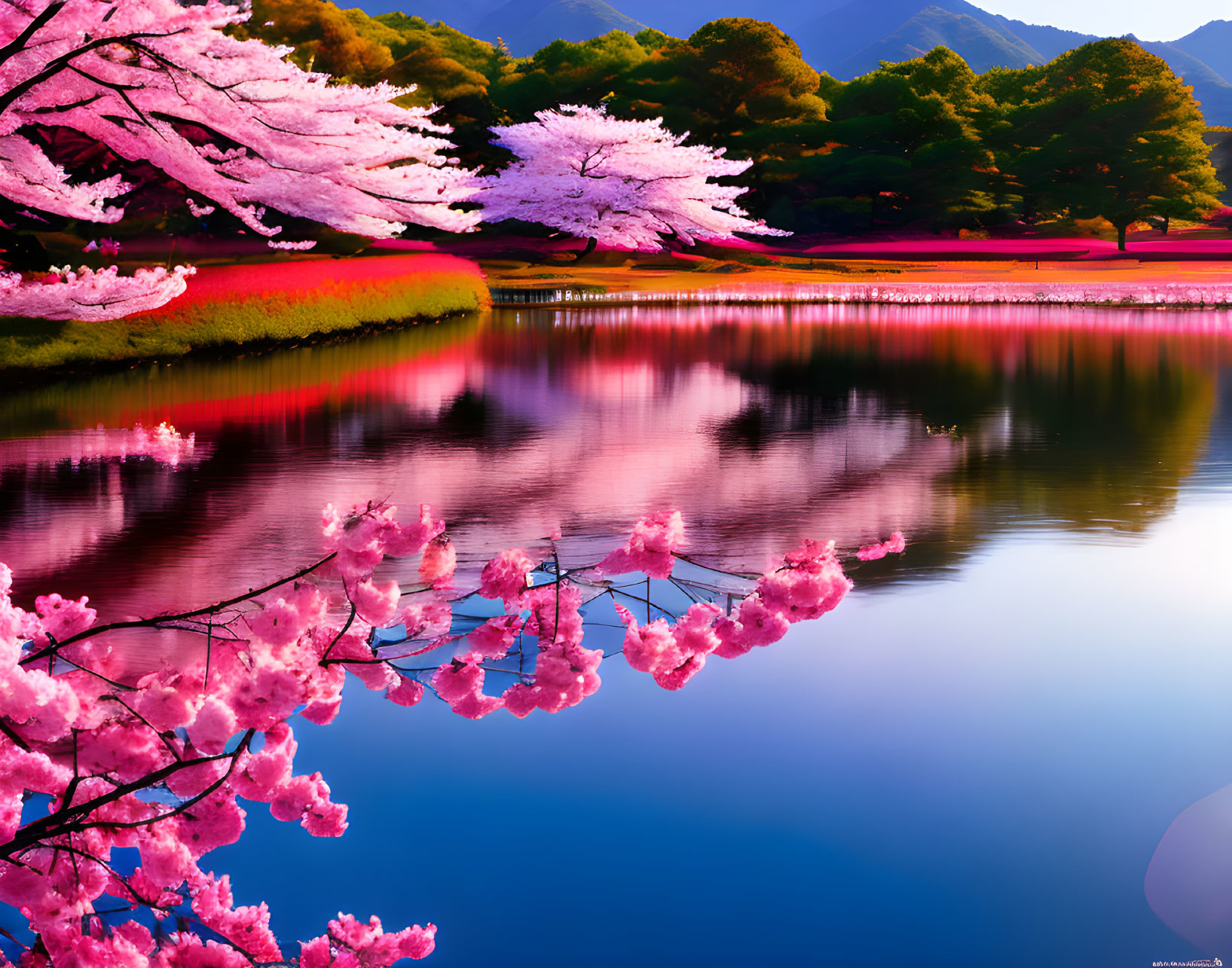 Tranquil lake with pink cherry blossoms and lush greenery