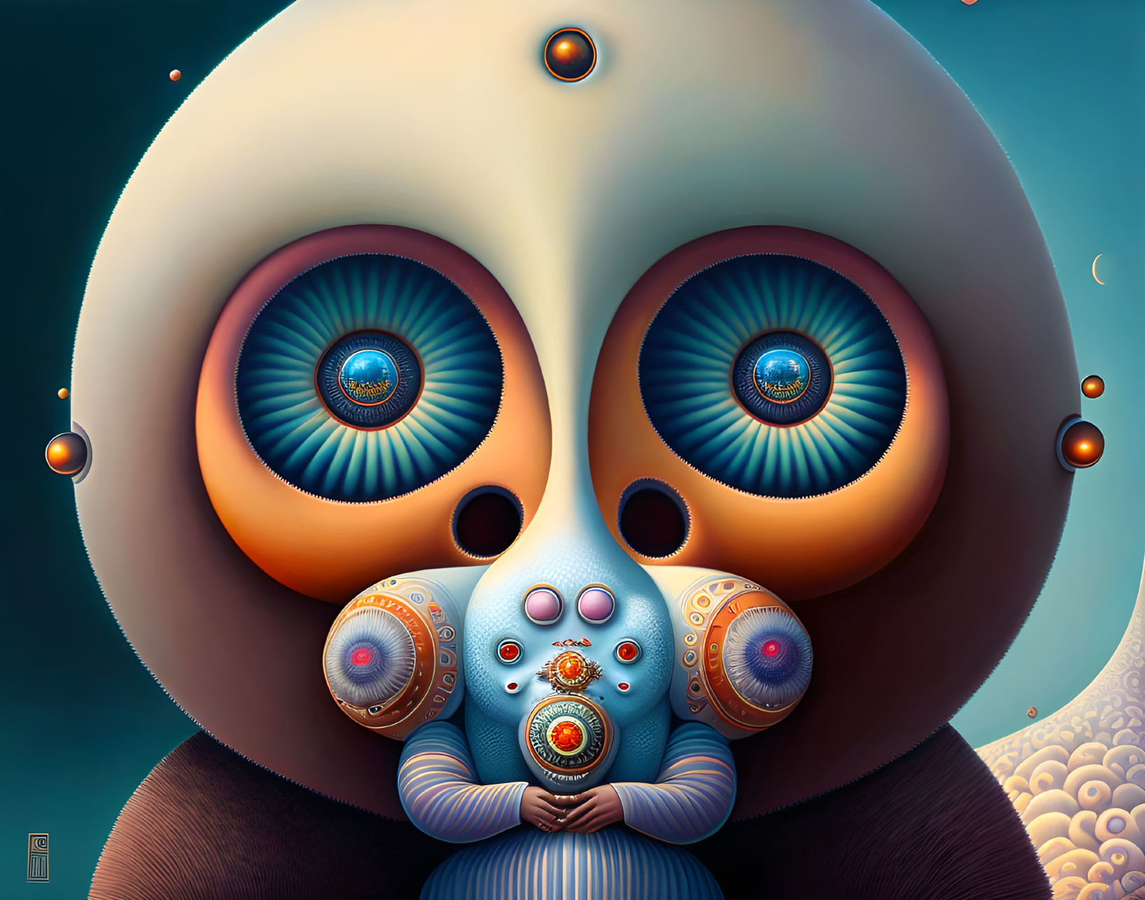 Surreal Artwork with Large-Headed Figure and Cosmic Background