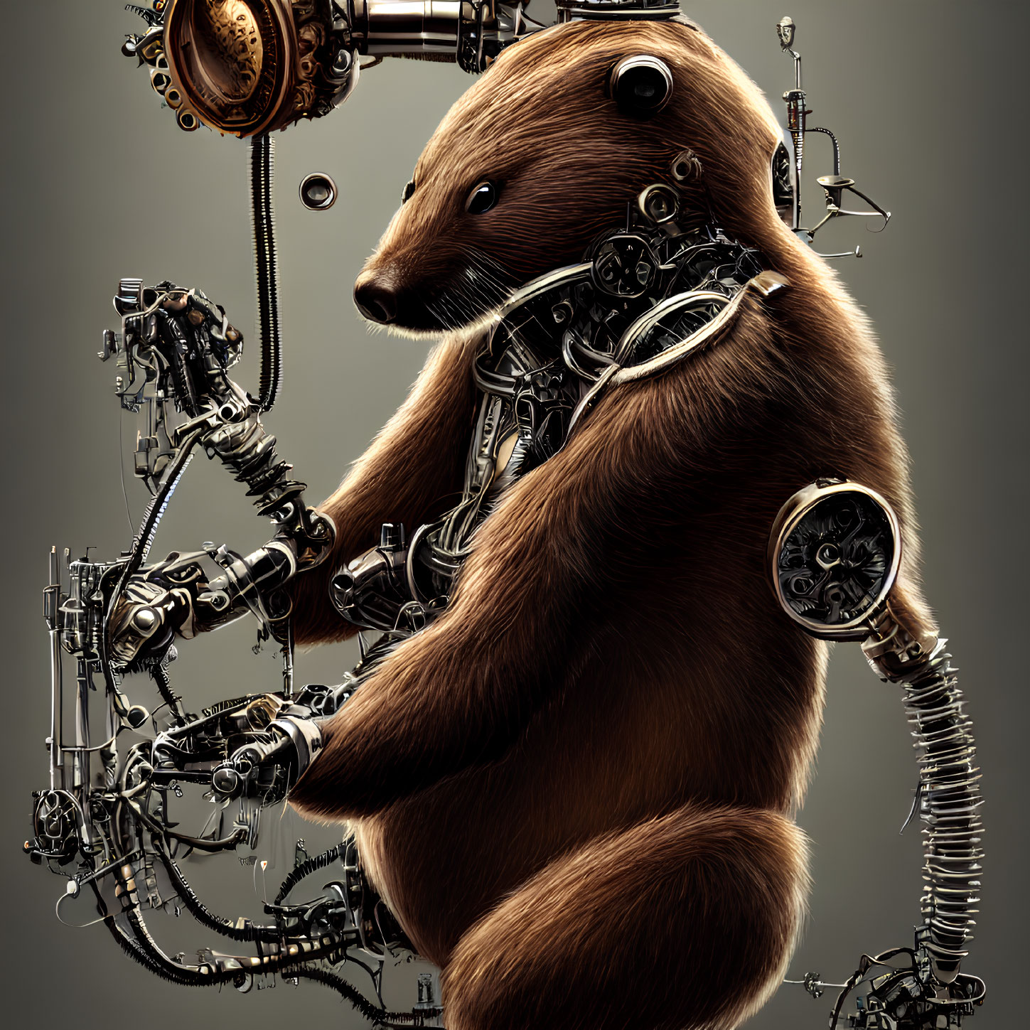 Detailed Steampunk Bear Illustration with Mechanical Parts