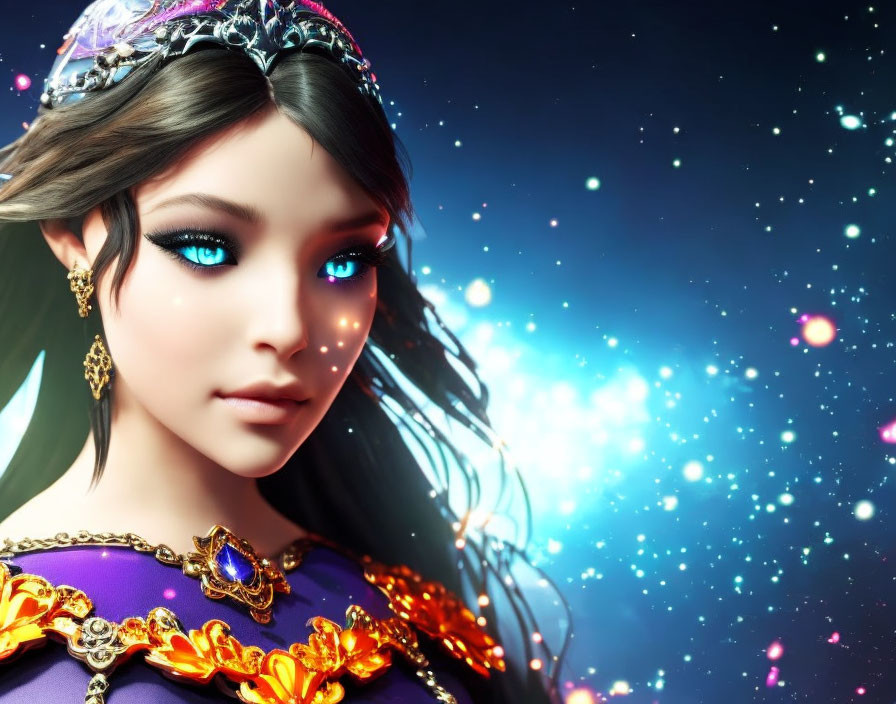 Fantasy digital art: Woman with bright blue eyes in regal attire.