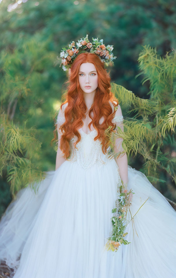 Red-haired woman in white dress with floral wreath surrounded by green foliage