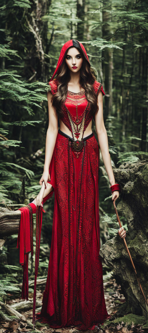 Mysterious woman in red cloak with staff in forest