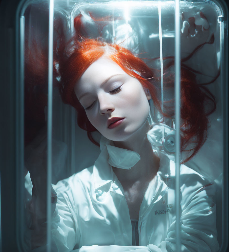 Red-haired woman in sci-fi chamber with white coat, bathed in cool light