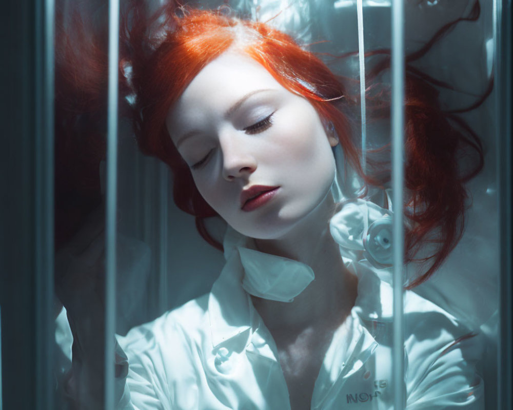 Red-haired woman in sci-fi chamber with white coat, bathed in cool light