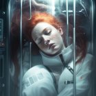 Red-haired woman in sci-fi chamber with white coat, bathed in cool light