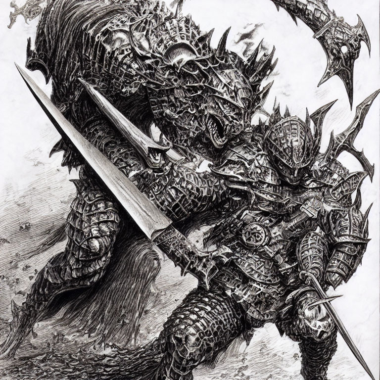 Detailed Black and White Illustration: Armored Knight with Dragon Features and Sword